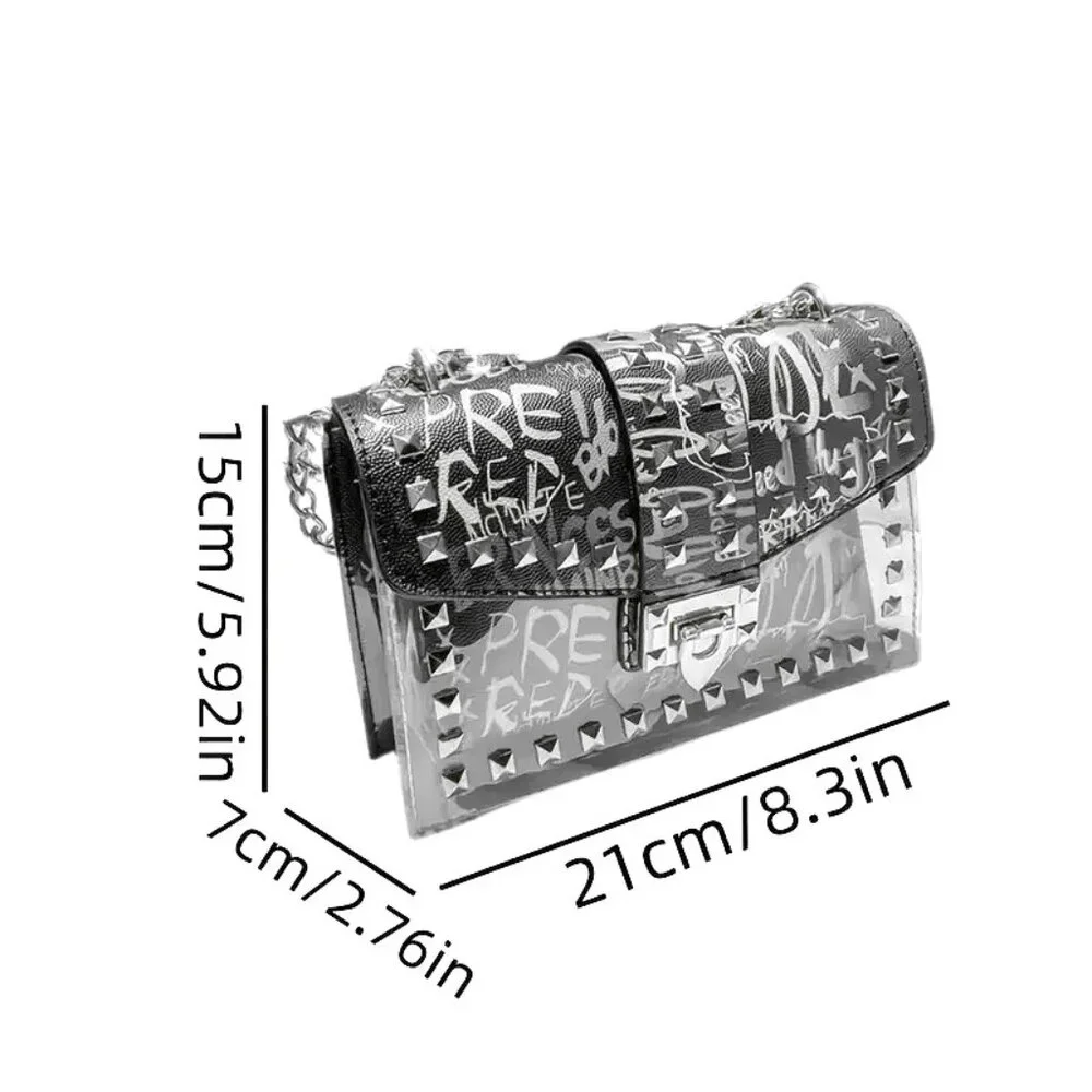 🎁 Graffiti Print Clear 2pc Crossbody Clutch w/ Studs & Removable Zippered Pouch - Picture 13 of 13